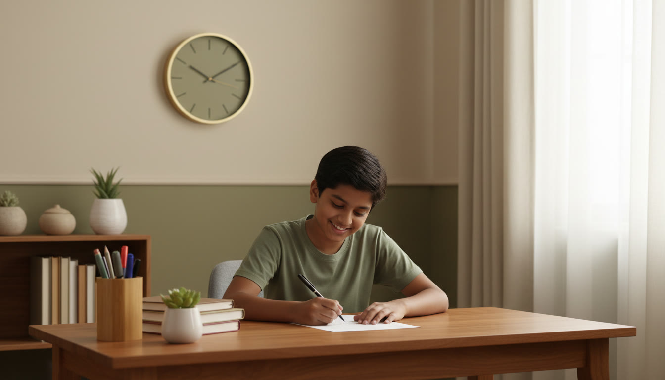 Photo Idea : Student calmly filling an OMR sheet under a wall clock with organized stationery nearby