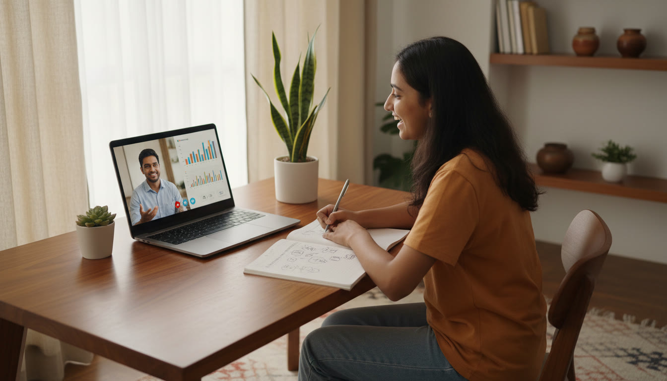 Photo Idea : An online one-on-one tutoring session on a laptop with analytics charts visible on the screen and a student taking notes.