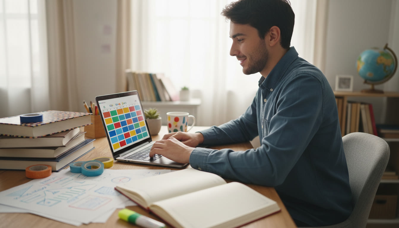 Photo Idea : A focused IB student at a desk with textbooks, color-coded notes, and a laptop showing a neat study plan.