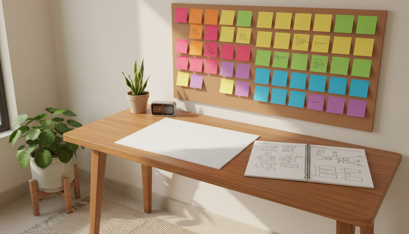 Photo Idea : a study corner with color-coded sticky notes, a mock answer sheet next to a timer, and a notebook labelled 