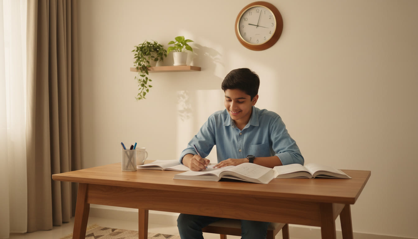 Photo Idea : A focused student studying at a tidy desk with a wall clock and open JEE preparation books