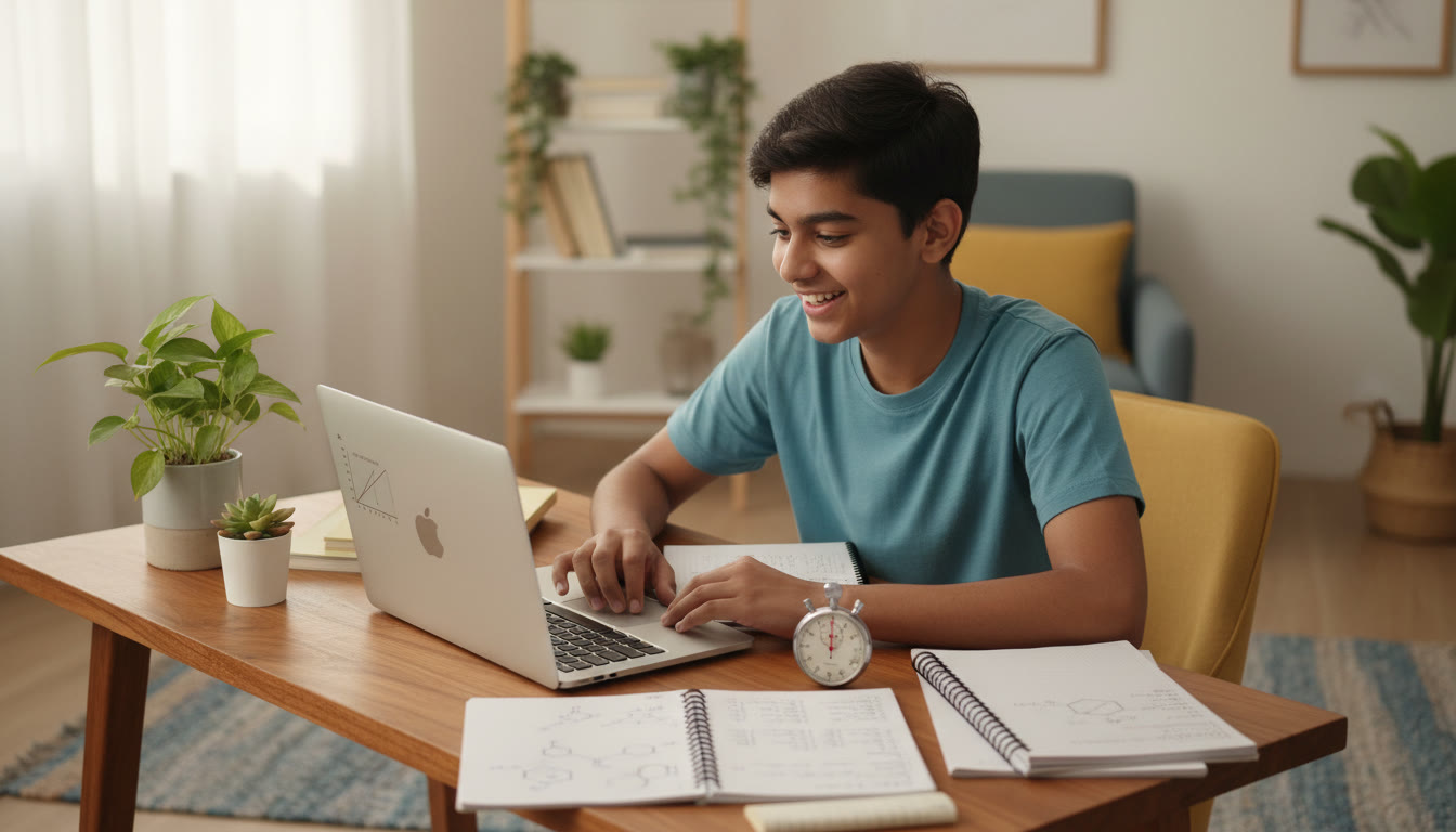 Photo Idea : A student at a study desk taking a timed mock test on a laptop with a stopwatch and scattered Chemistry notes