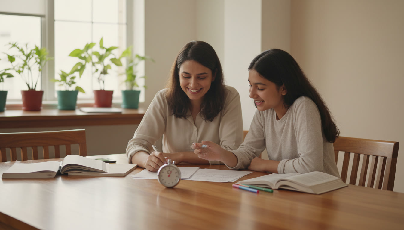 Photo Idea : Tutor and student reviewing a mock paper together at a table with a visible stopwatch