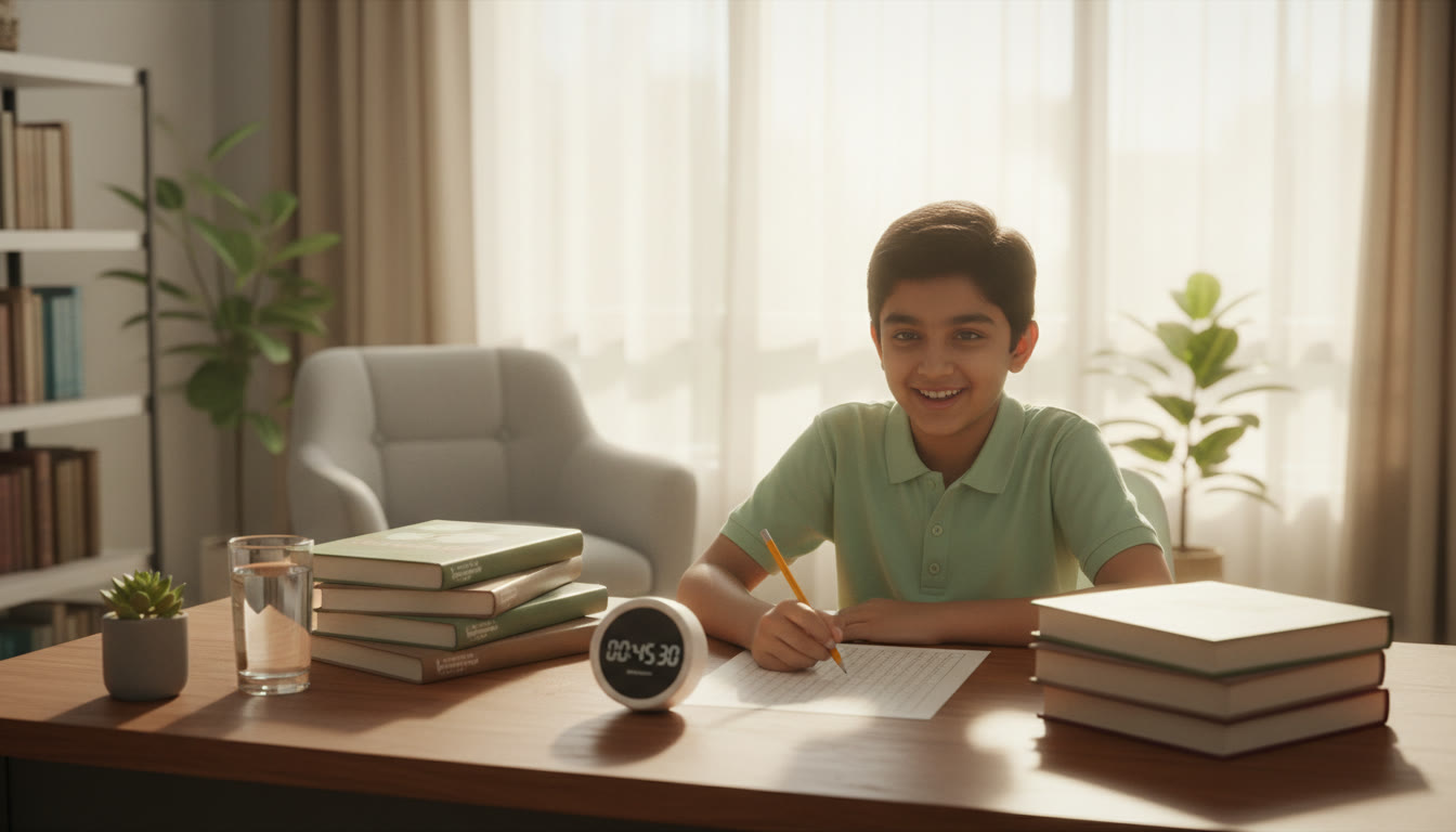 Photo Idea : A focused student at a tidy desk with NEET books, a timer, and an OMR sheet visible