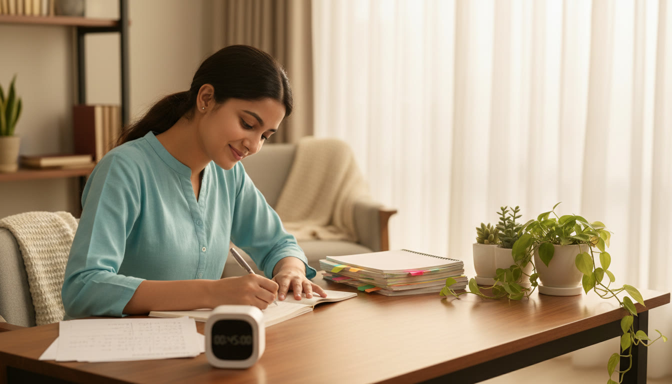Photo Idea : Student writing neatly at a desk with notes, a timer, and a solved sample answer on paper