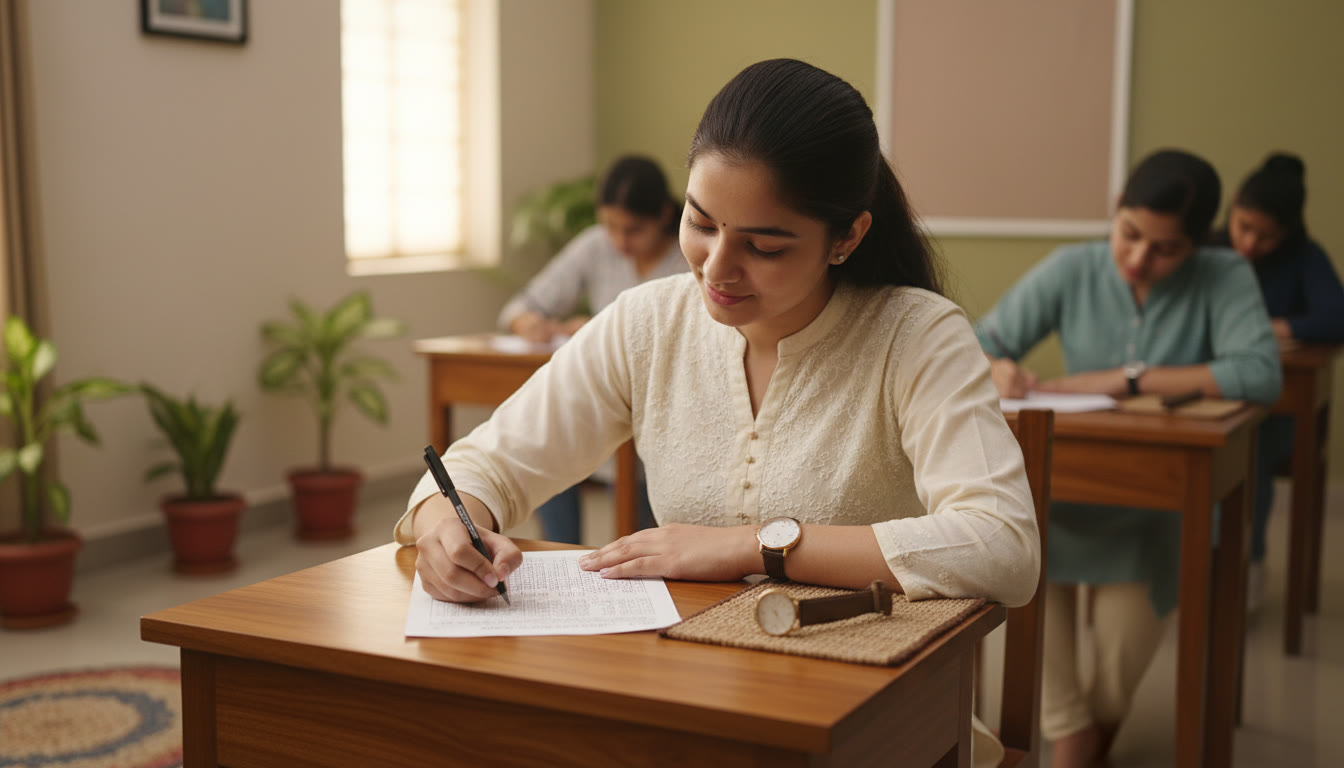 Photo Idea : a calm exam hall scene with a student filling OMR with a black pen and a watch nearby