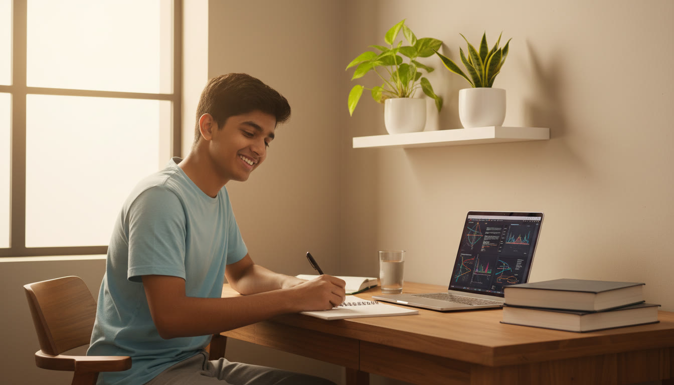 Photo Idea : A focused student solving physics problems at a desk with books and a laptop