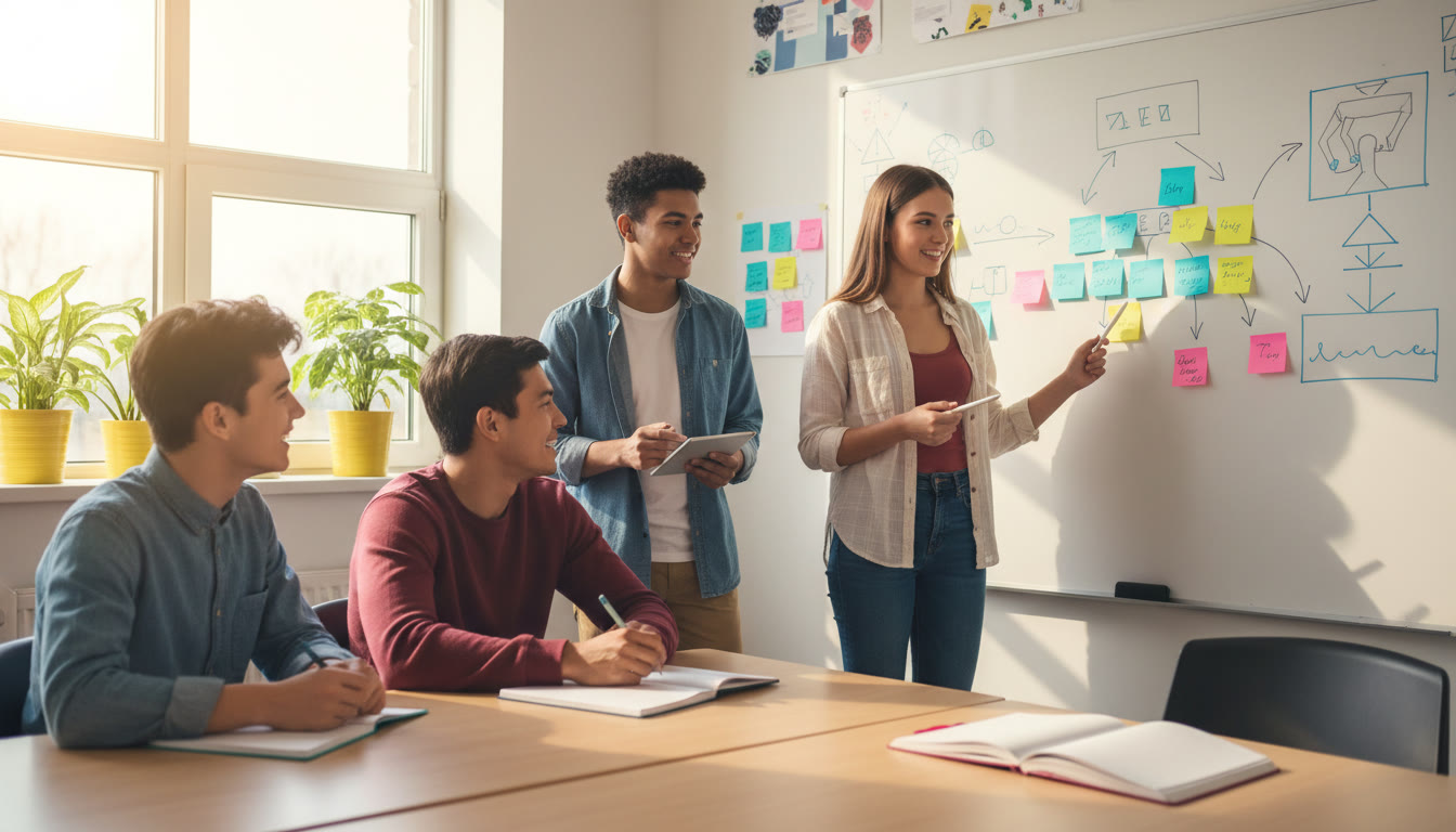 Photo Idea : Student presenting a project plan to peers with a whiteboard and sticky notes