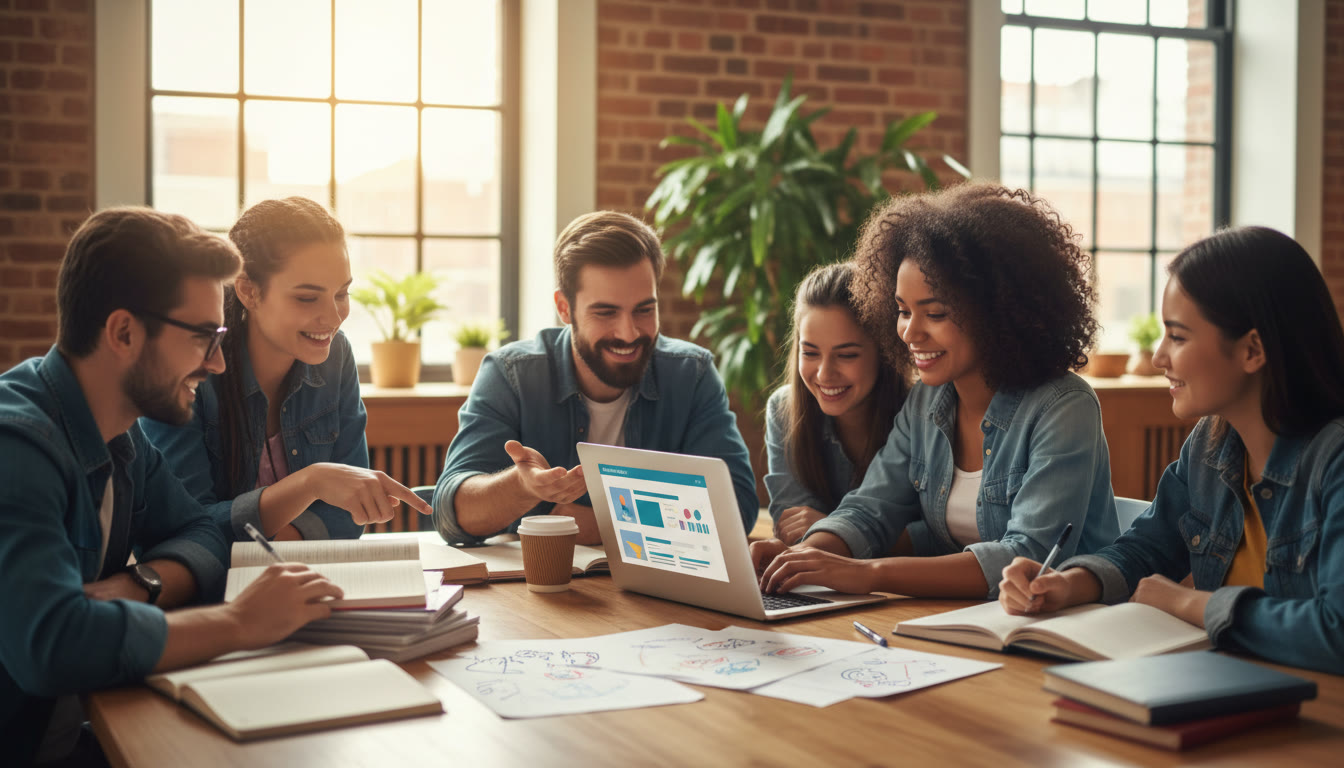 Photo Idea : A diverse group of IB students gathered around a table, one typing on a laptop displaying a university application form while others point to notes