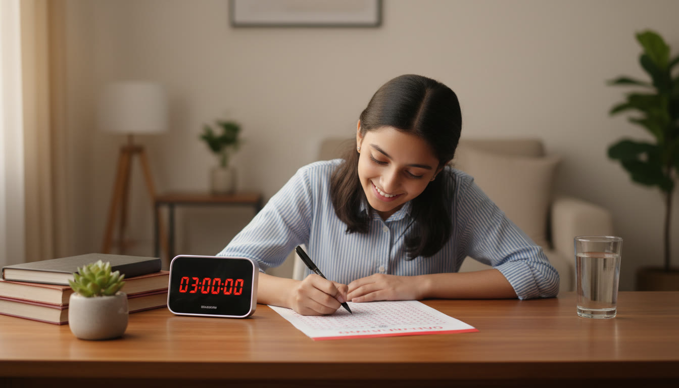 Photo Idea : A study table on mock-test day with an OMR sheet, a timer showing 03:00:00, and a focused student marking answers.