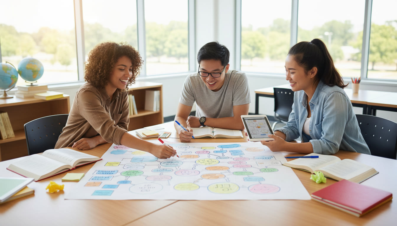 Photo Idea : Students collaborating over a colorful project plan on a classroom table