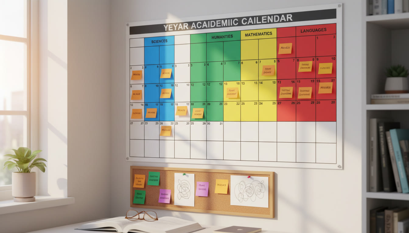 Photo Idea : A two-year study calendar on a wall, with colour-coded blocks and sticky notes for mocks and internal deadlines.