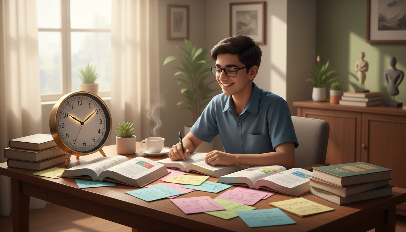 Photo Idea : A student at a desk surrounded by open ISC textbooks, colourful notes, and a clock showing focused study time