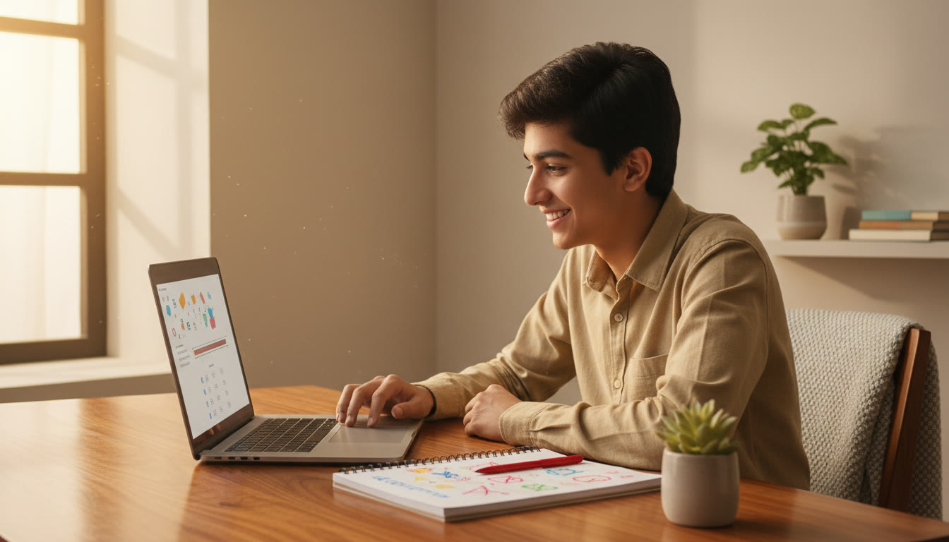 Photo Idea : Student at a desk taking a timed mock test on a laptop, with a notebook of corrections beside them