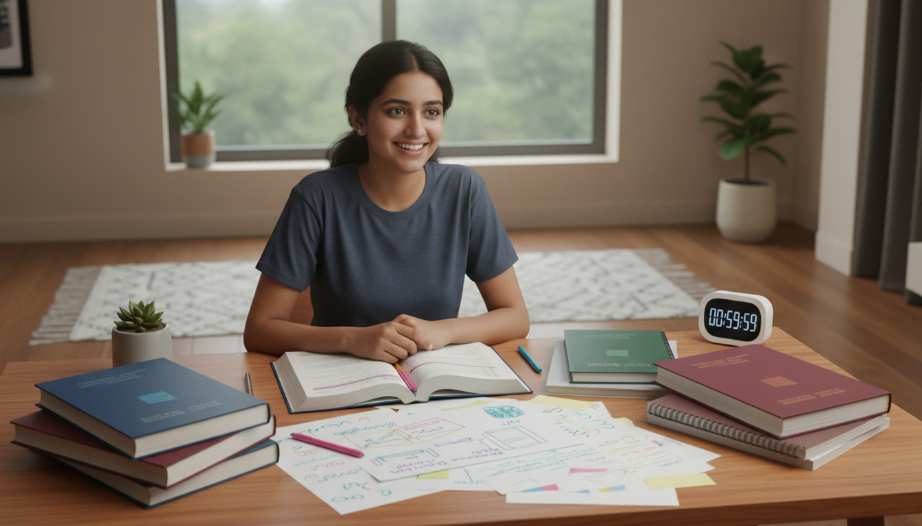 Photo Idea : Student at a tidy desk surrounded by open CBSE textbooks, colorful notes, and a timer