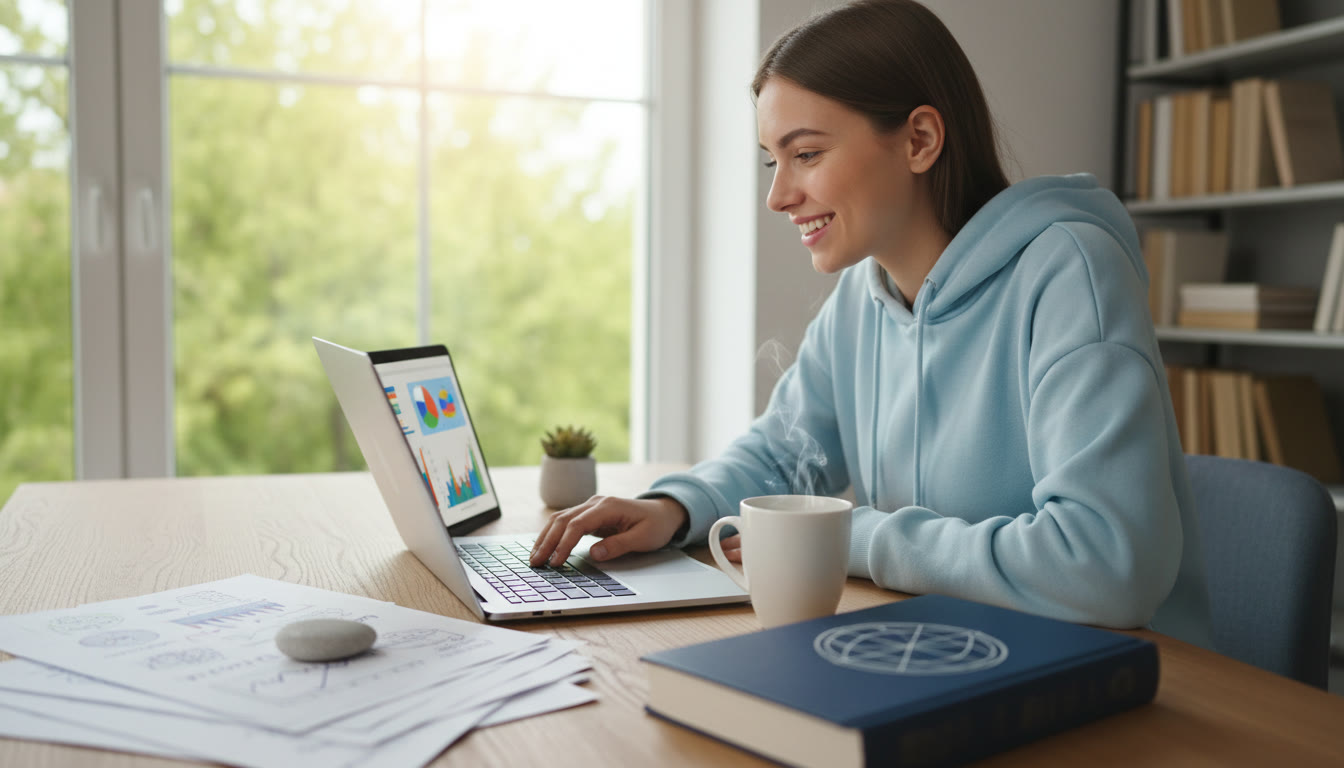 Photo Idea : Student at a tidy desk with an open laptop, printed drafts, and an IB handbook nearby
