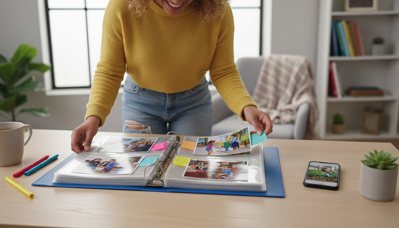 Photo Idea : Student arranging a CAS portfolio binder with dated photos, notes, and a smartphone showing a video thumbnail