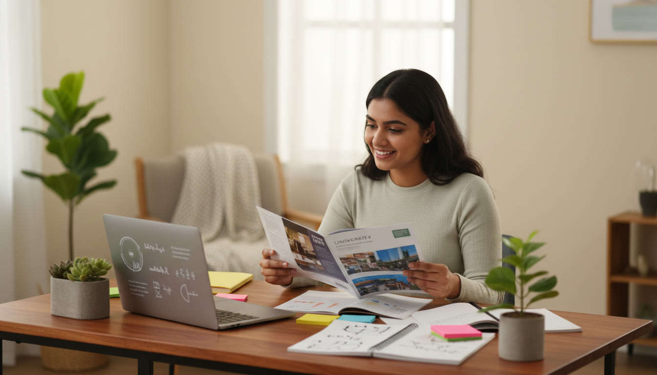 Photo Idea : A thoughtful student comparing two campus brochures while sitting at a desk with a laptop and notes