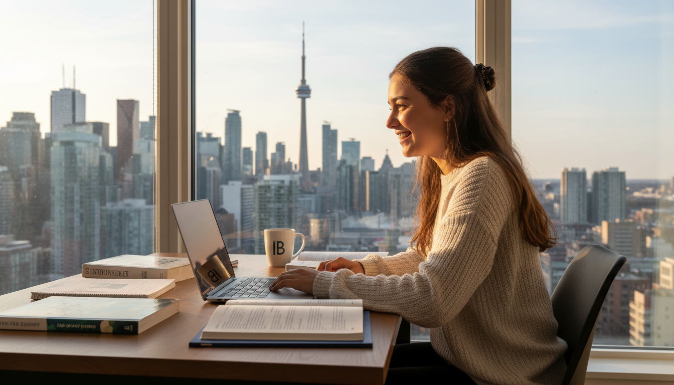 Photo Idea : Student studying with a laptop and a Toronto skyline visible through a window