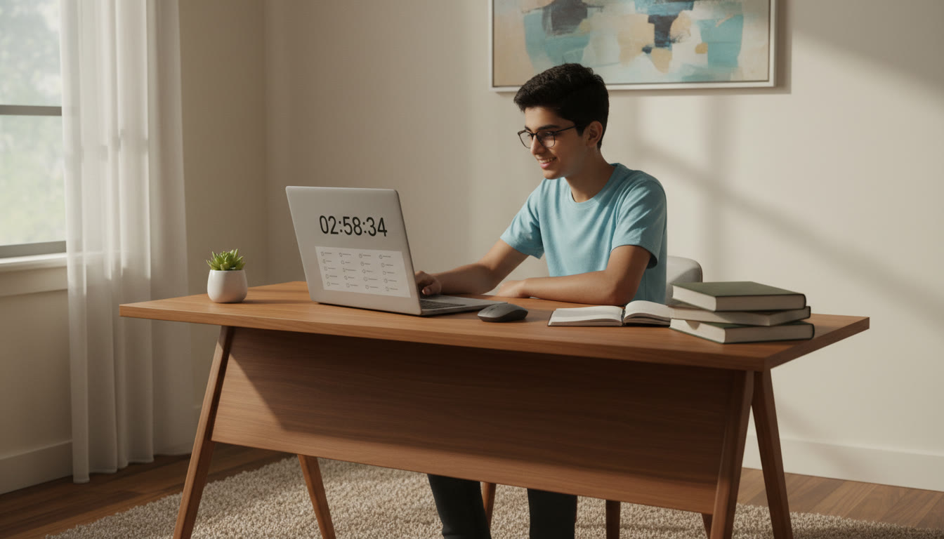 Photo Idea : A focused student at a tidy desk doing a timed 3-hour mock test on a laptop with a visible countdown timer