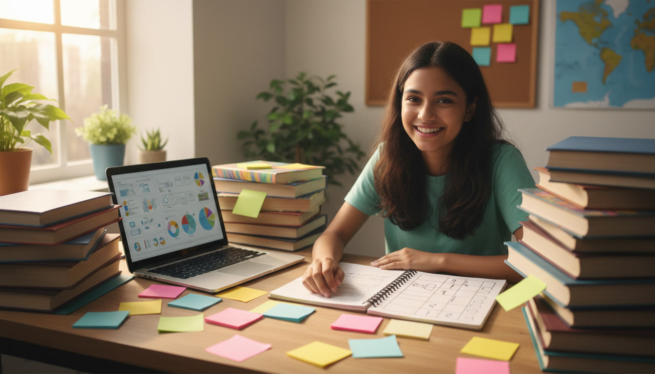 Photo Idea : Student at a desk surrounded by IB books, sticky notes, a laptop and a handwritten two-year plan