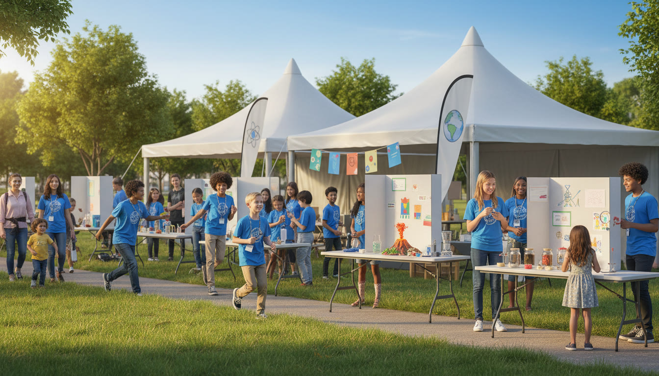 Photo Idea : Students running an outdoor community science fair, engaging with families around posters and experiments