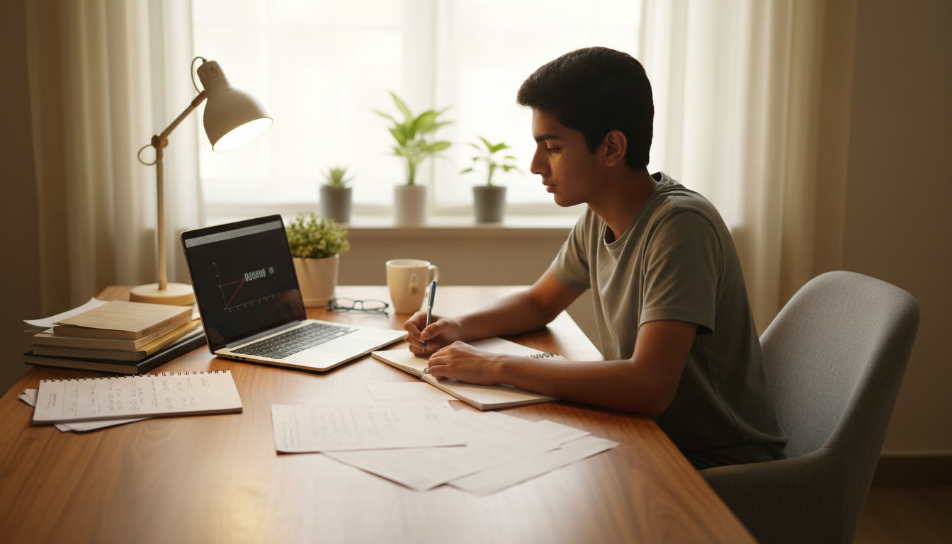 Photo Idea : A focused student at a desk, solving problems under a desk lamp with scattered notes and a laptop showing a mock test timer.