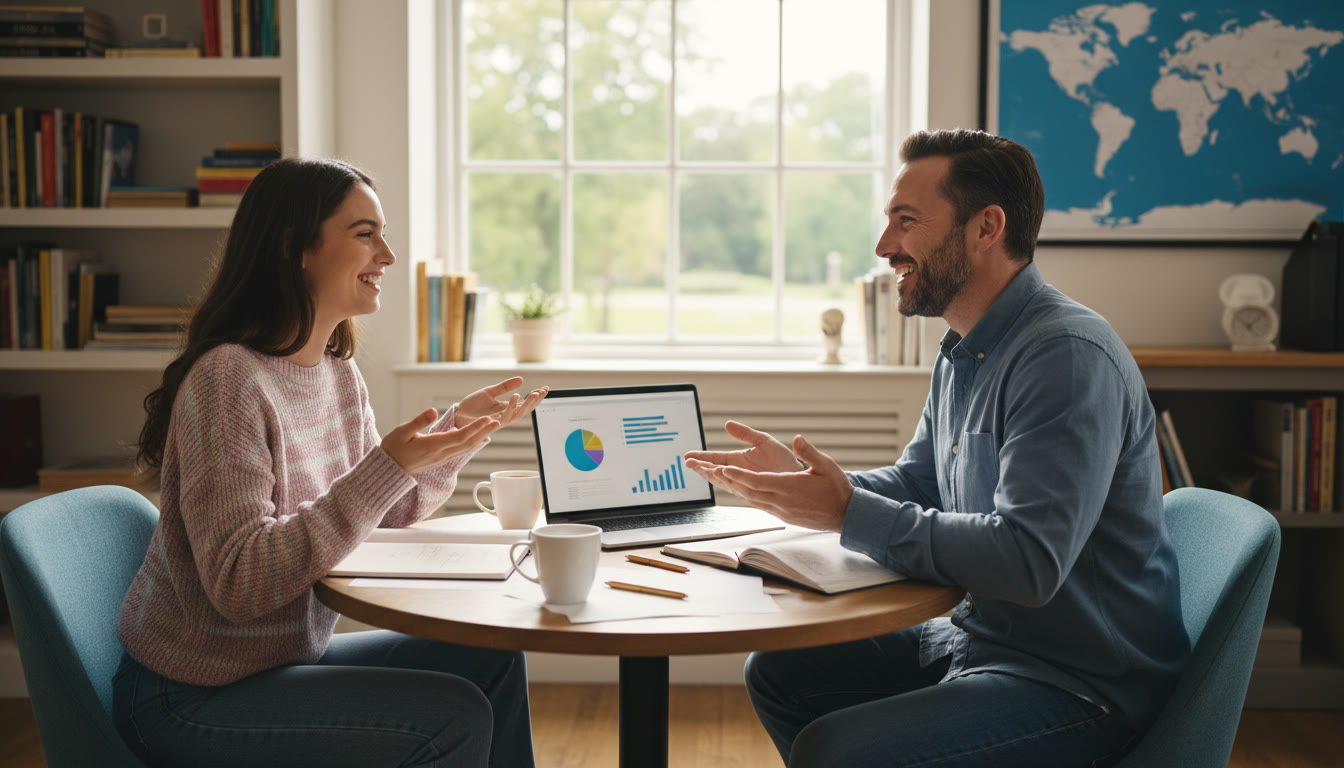 Photo Idea : Student and teacher sitting at a small table with notebooks and a laptop, engaged in conversation during a relaxed office hour