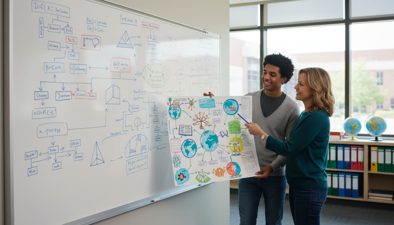 Photo Idea : Two students presenting a poster to a mentor in front of a whiteboard filled with diagrams