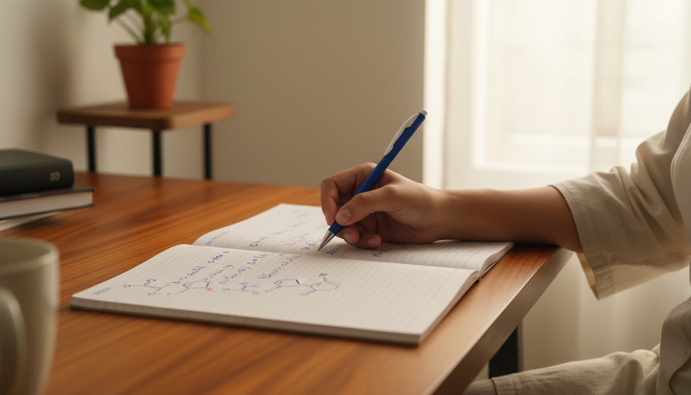 Photo Idea : Close-up of an open notebook with neatly written chemical equations and a student’s pen