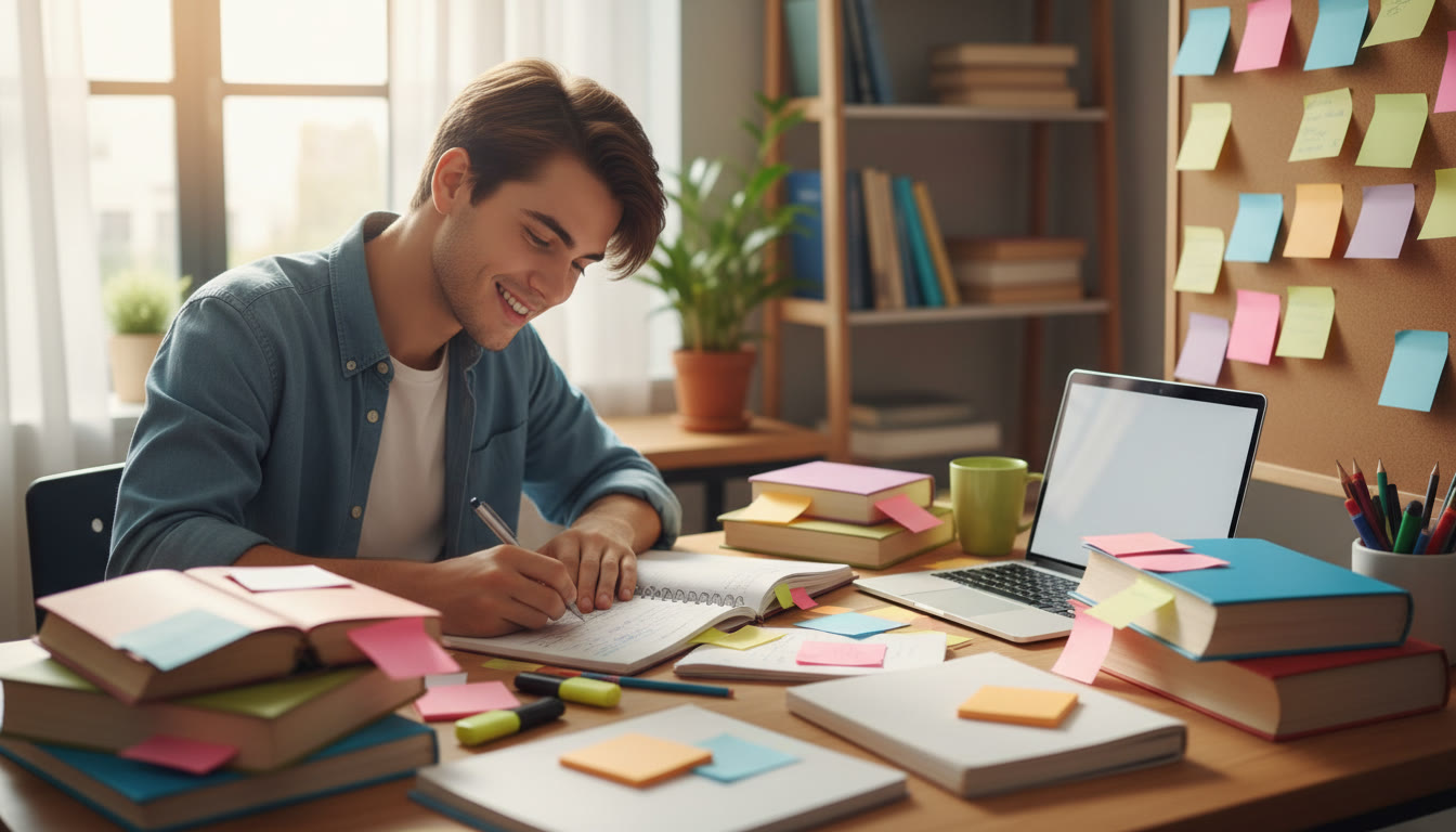 Photo Idea : A focused IB student writing at a desk surrounded by subject guides and colored notes