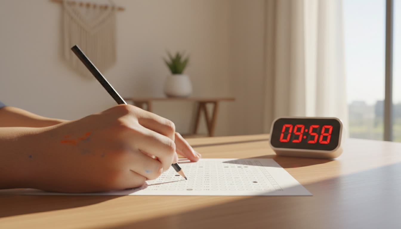 Photo Idea : Close-up of an OMR sheet being shaded carefully beside a stopwatch showing a countdown