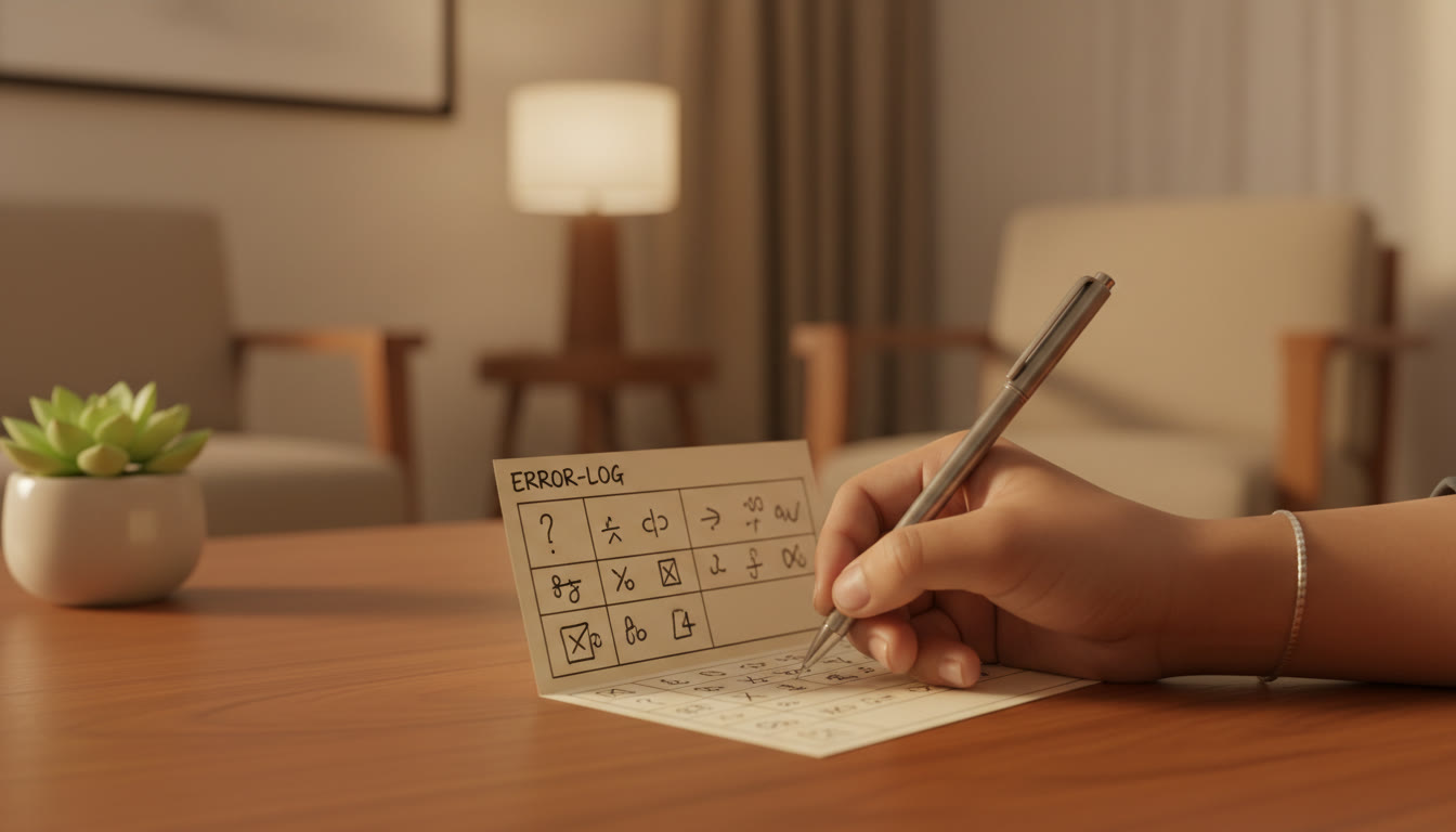 Photo Idea : Close-up of a hand writing a compact error-log card with questions and corrective drills
