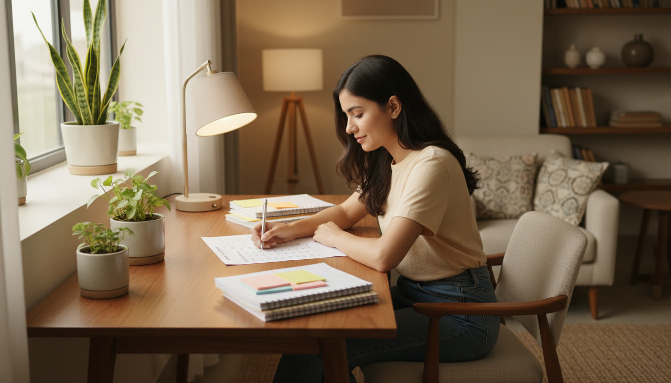 Photo Idea : A focused student solving practice MCQs with a mock OMR sheet and a stack of neatly organized notes