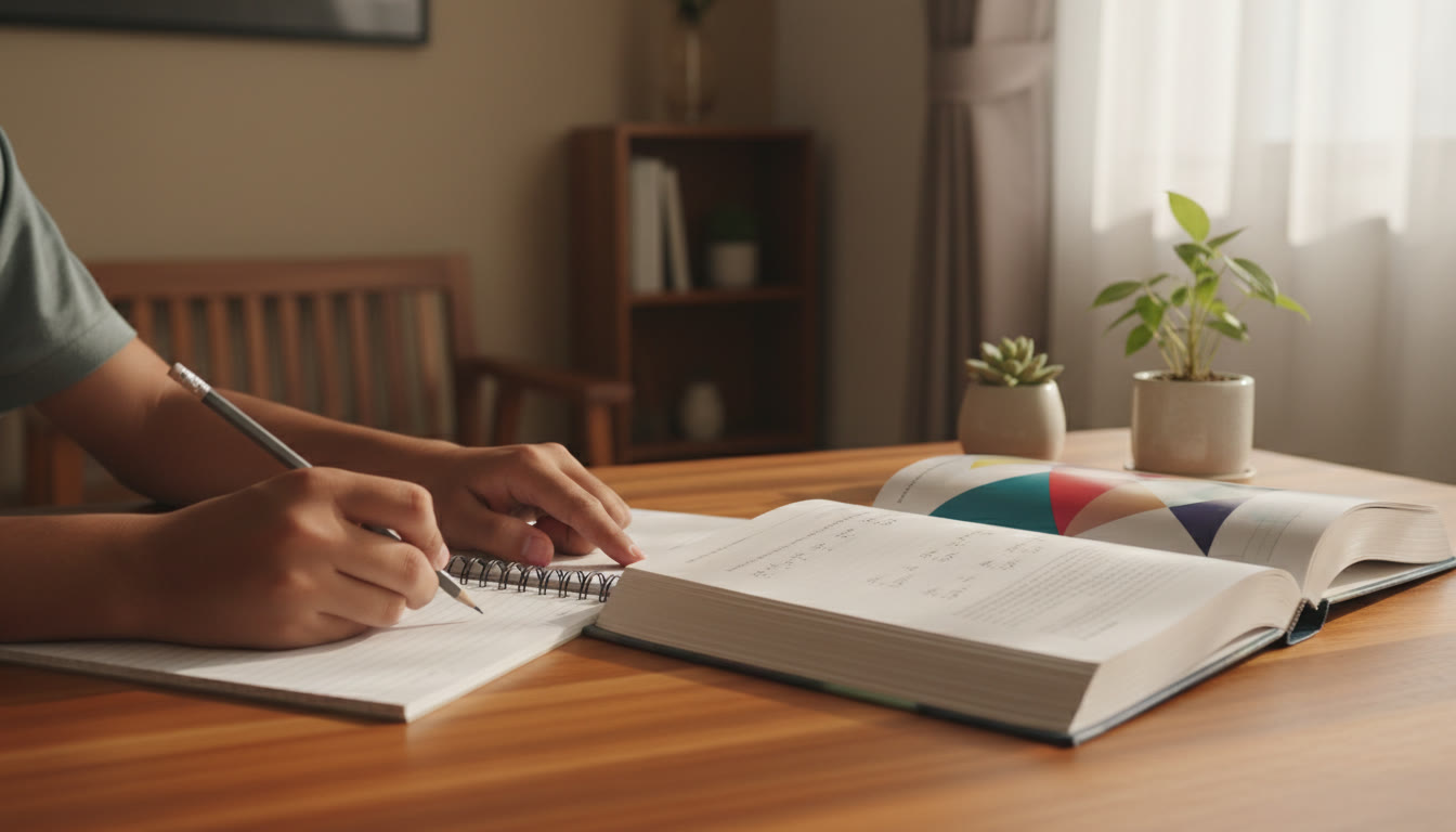 Photo Idea : Close-up of hands solving a math problem on paper, with a reference book open beside a notebook