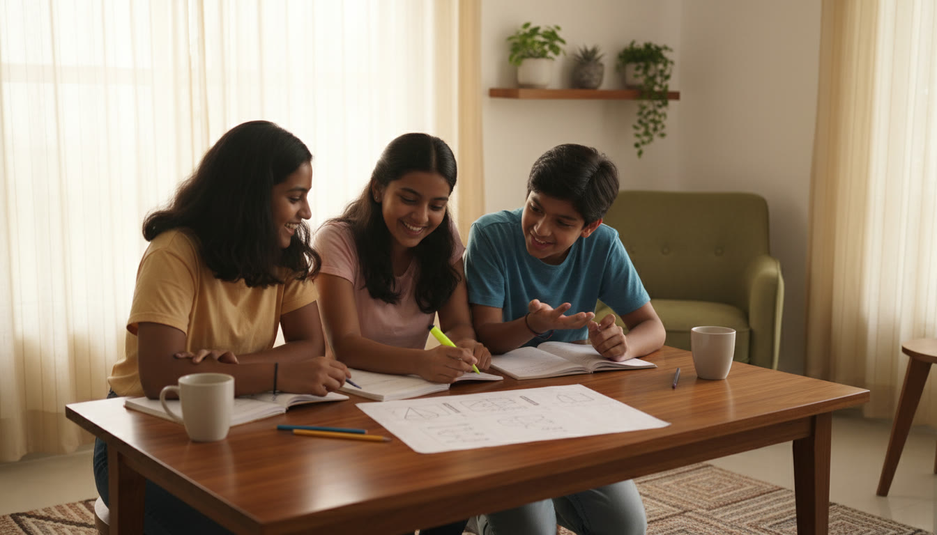 Photo Idea : A small group of students discussing answers around a table with notebooks and a printed mock paper