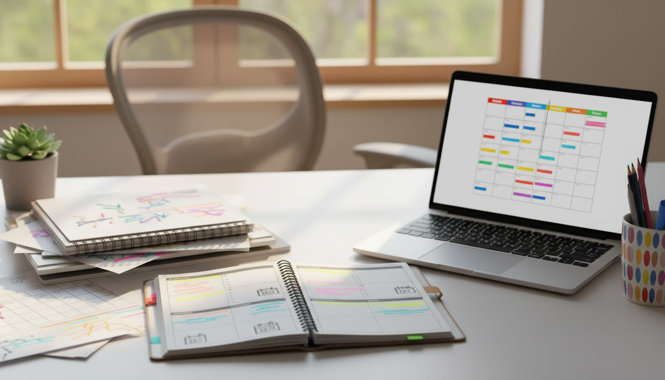 Photo Idea : neat desk with planner, highlighted notes, a laptop with a schedule open