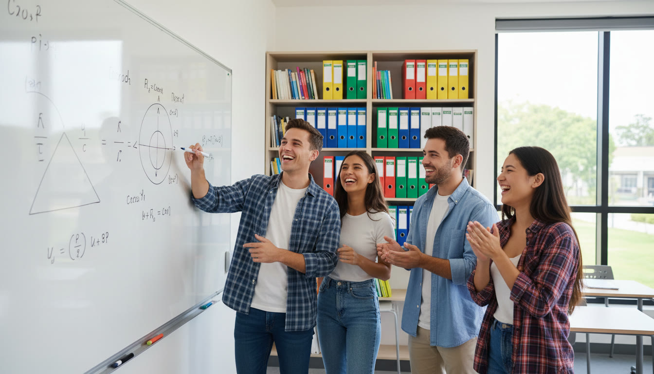 Photo Idea : A small group of IB students clustered around a whiteboard solving physics problems together