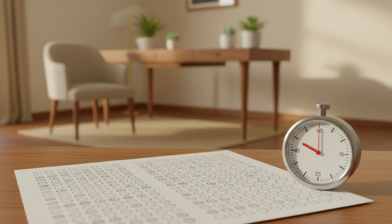 Photo Idea : Close-up of an OMR answer sheet with pencil shading and a small analog timer beside it