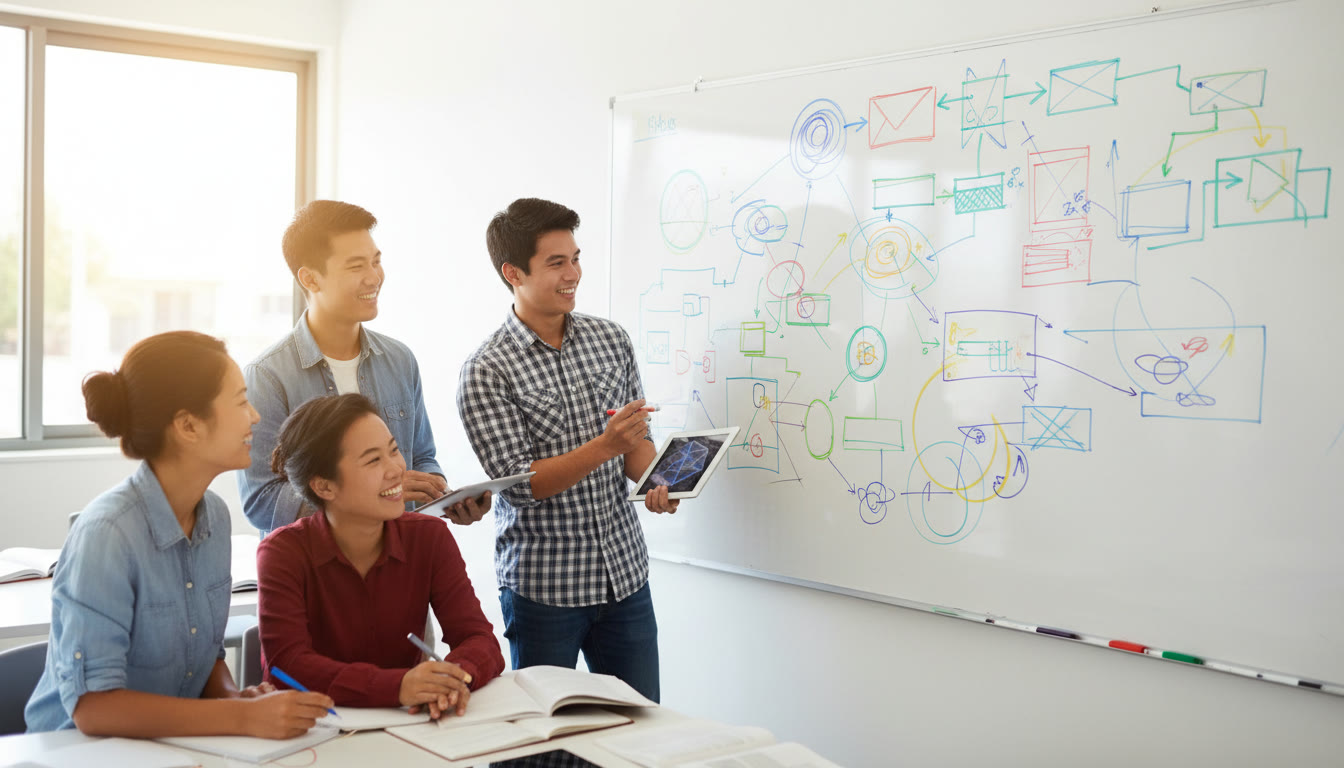 Photo Idea : Small group of students discussing projects around a whiteboard with colourful diagrams