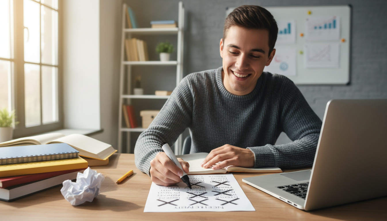 Photo Idea : student at a desk surrounded by notebooks and a laptop, crossing out university names on a printed list