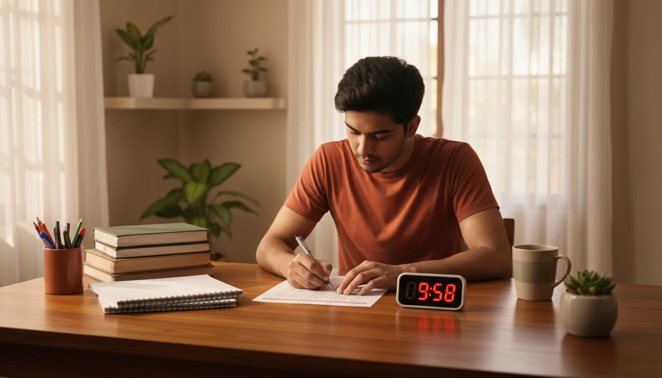 Photo Idea : A focused student taking a timed mock test with a desk, OMR sheet, and timer visible