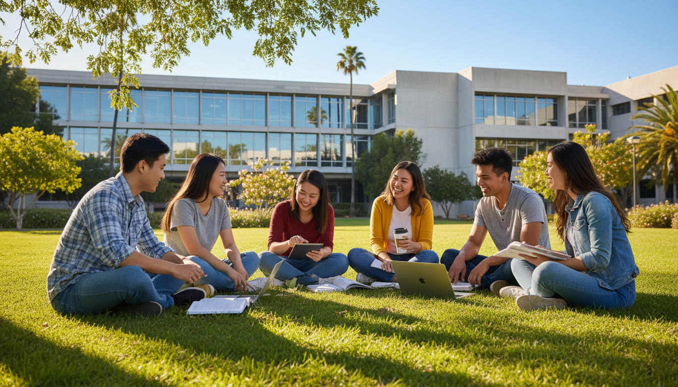 Photo Idea : A diverse group of IB students studying on a sunny campus lawn with a modern university building in the background
