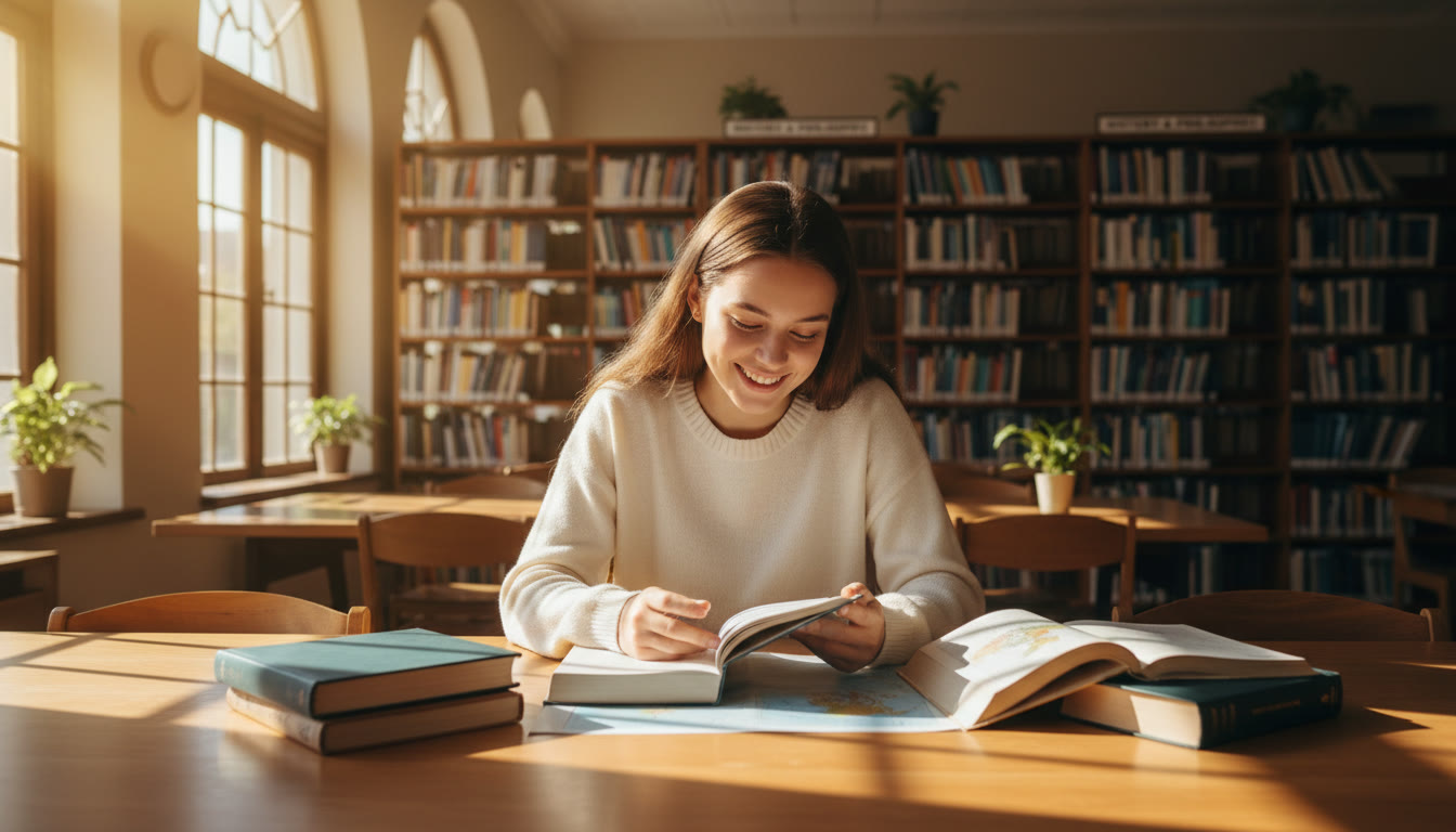 Photo Idea : Student browsing humanities books at a sunlit school library table