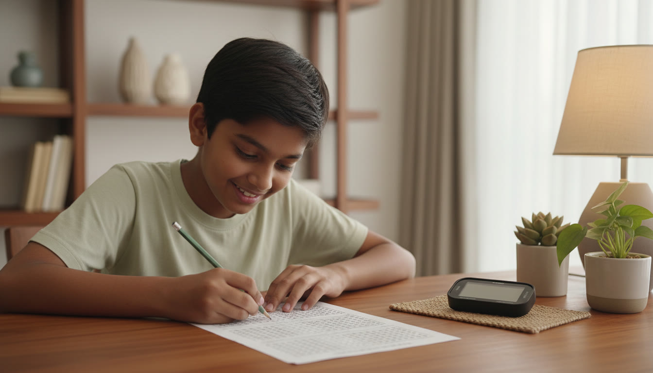 Photo Idea : Close-up of a student filling a mock OMR sheet with a pencil and stopwatch beside