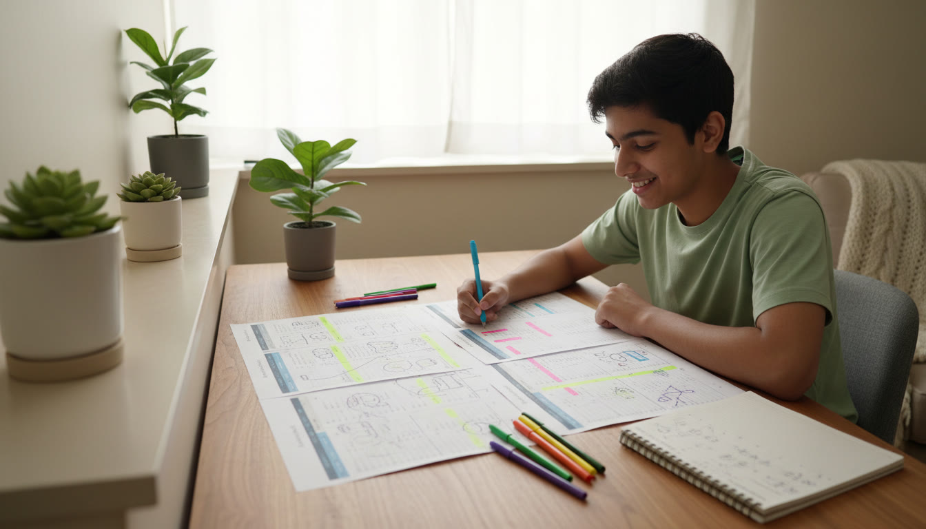 Photo Idea : A student reviewing a mock test printout with colored pens, highlighting mistakes and writing corrective notes