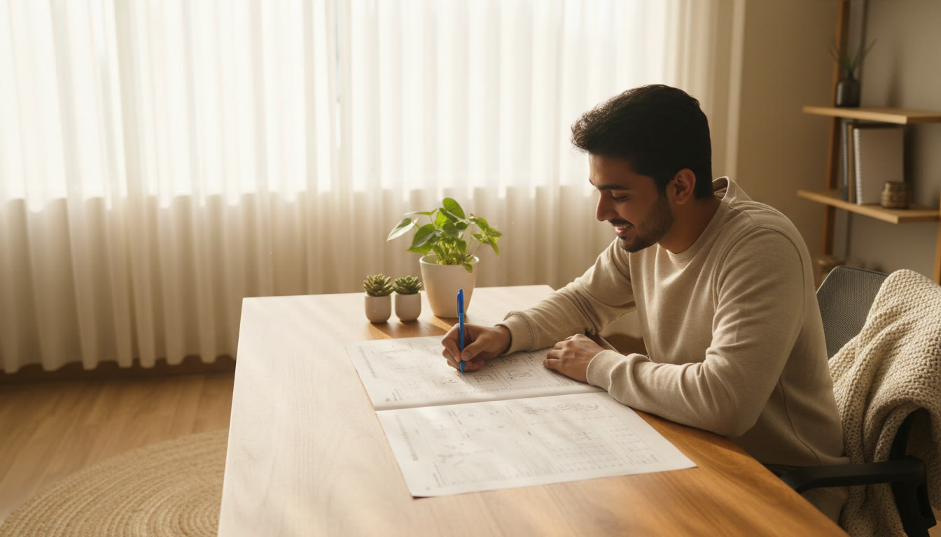 Photo Idea : Student with question paper and OMR sheet, marking notes with a pen