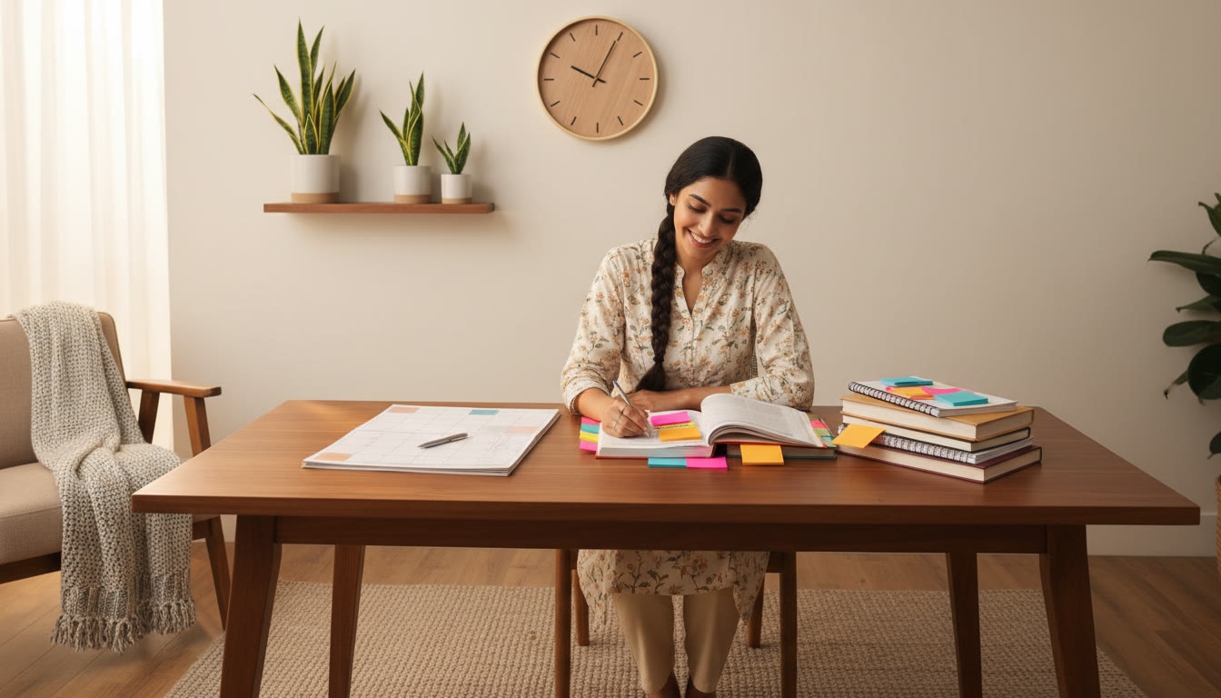 Photo Idea : A focused student at a desk with a wall clock, planner, and textbooks with colorful sticky notes