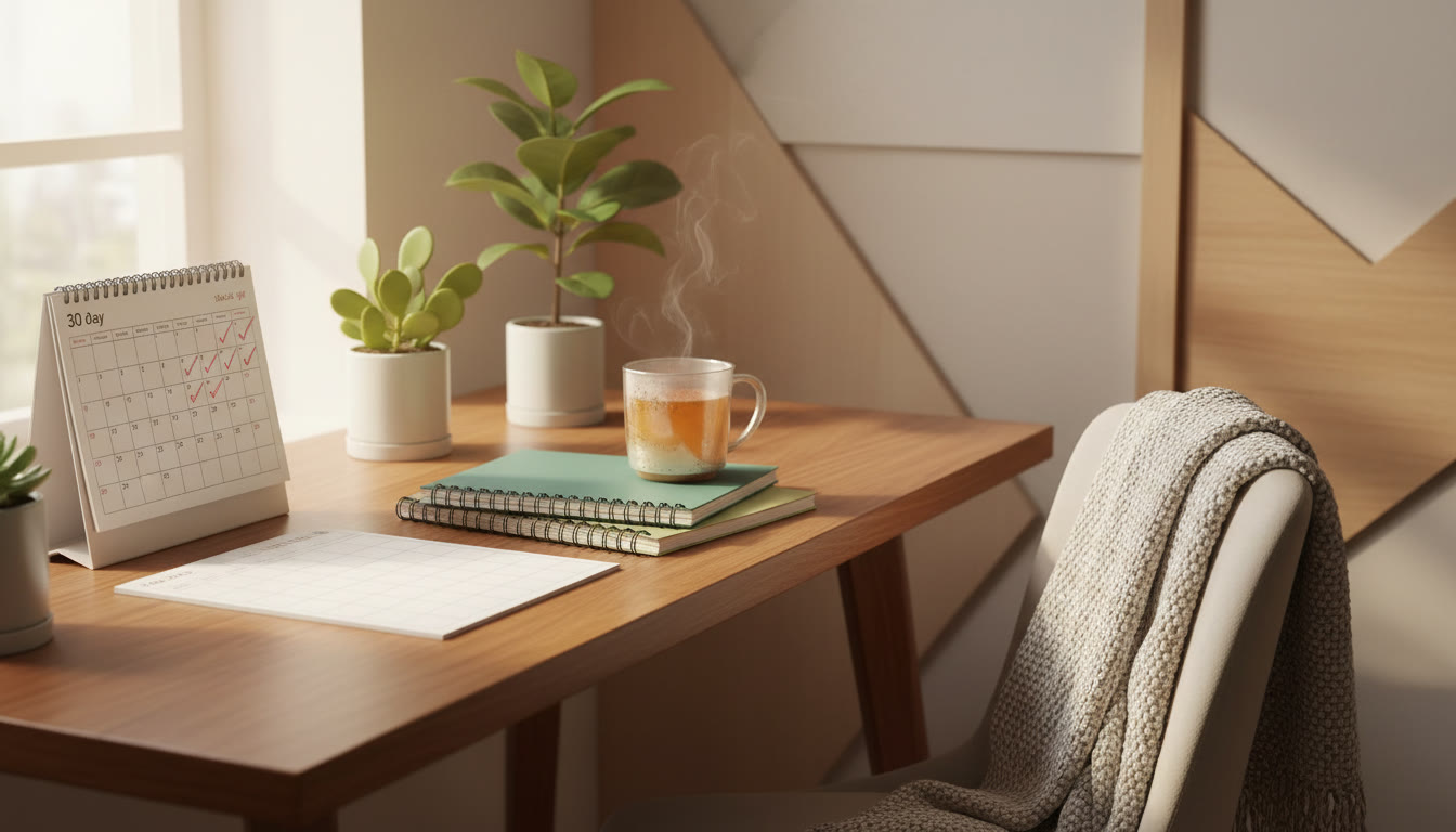 Photo Idea : A student at a tidy desk with a 30‑day calendar, notebooks stacked, and a calm cup of tea