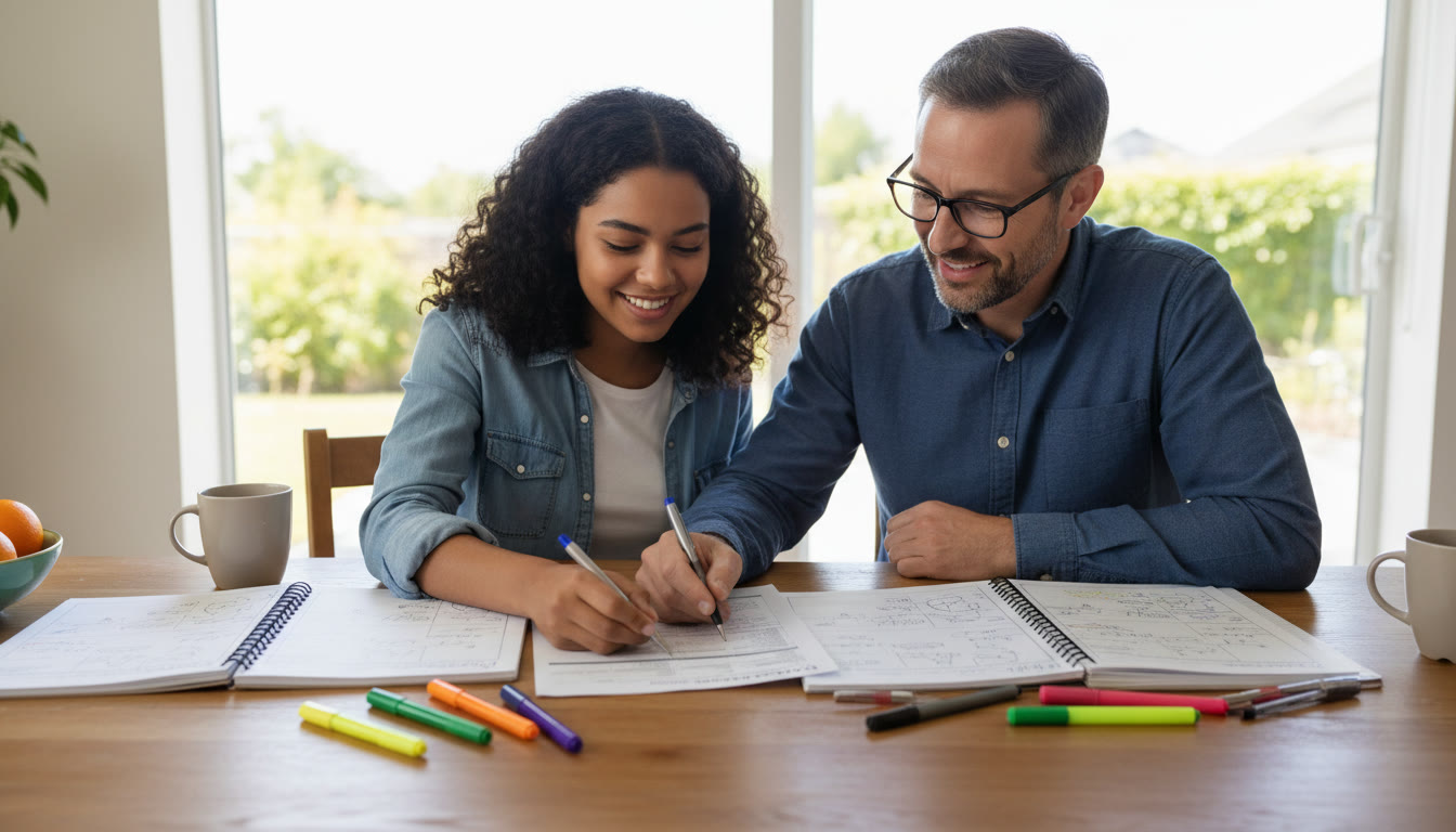 Photo Idea : Parent and IB student reviewing subject choice forms at a kitchen table with open notebooks